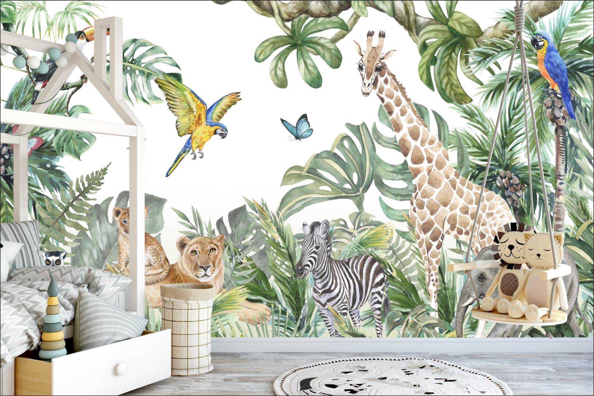 Fototapeta dla dzieci safari, lwica z lwiątkiem, mały słoń i żyrafa DWK096