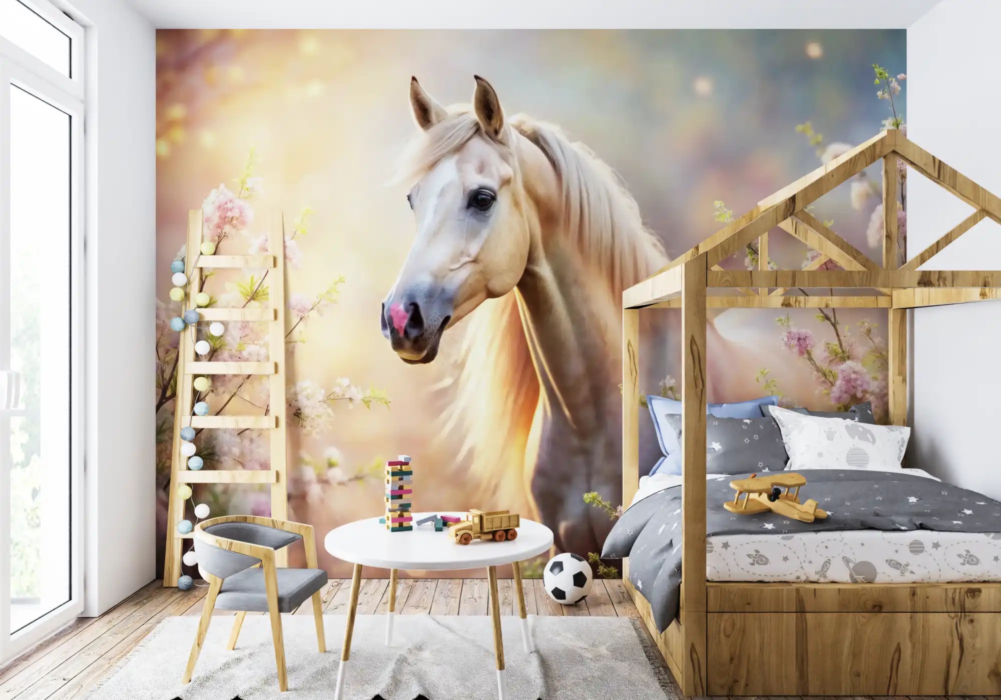 Fototapeta biały koń klacz między kwiatami bajka baśń 5756