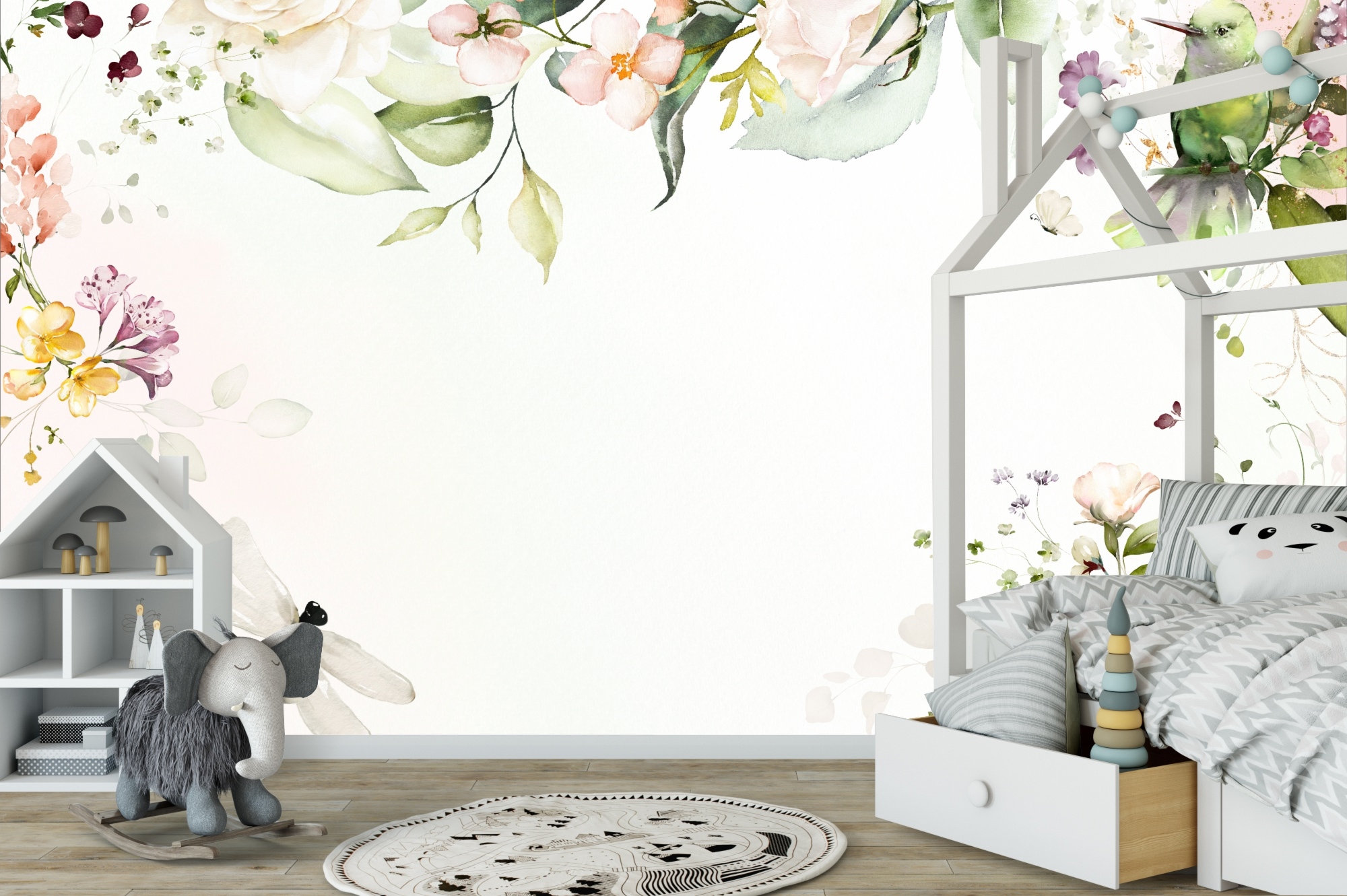 Fototapeta dla dzieci duże malowane kwiaty z ptaszkiem M101