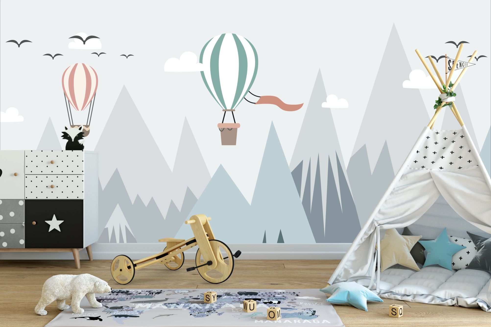 Fototapeta dla dzieci balony wśród gór DWK240