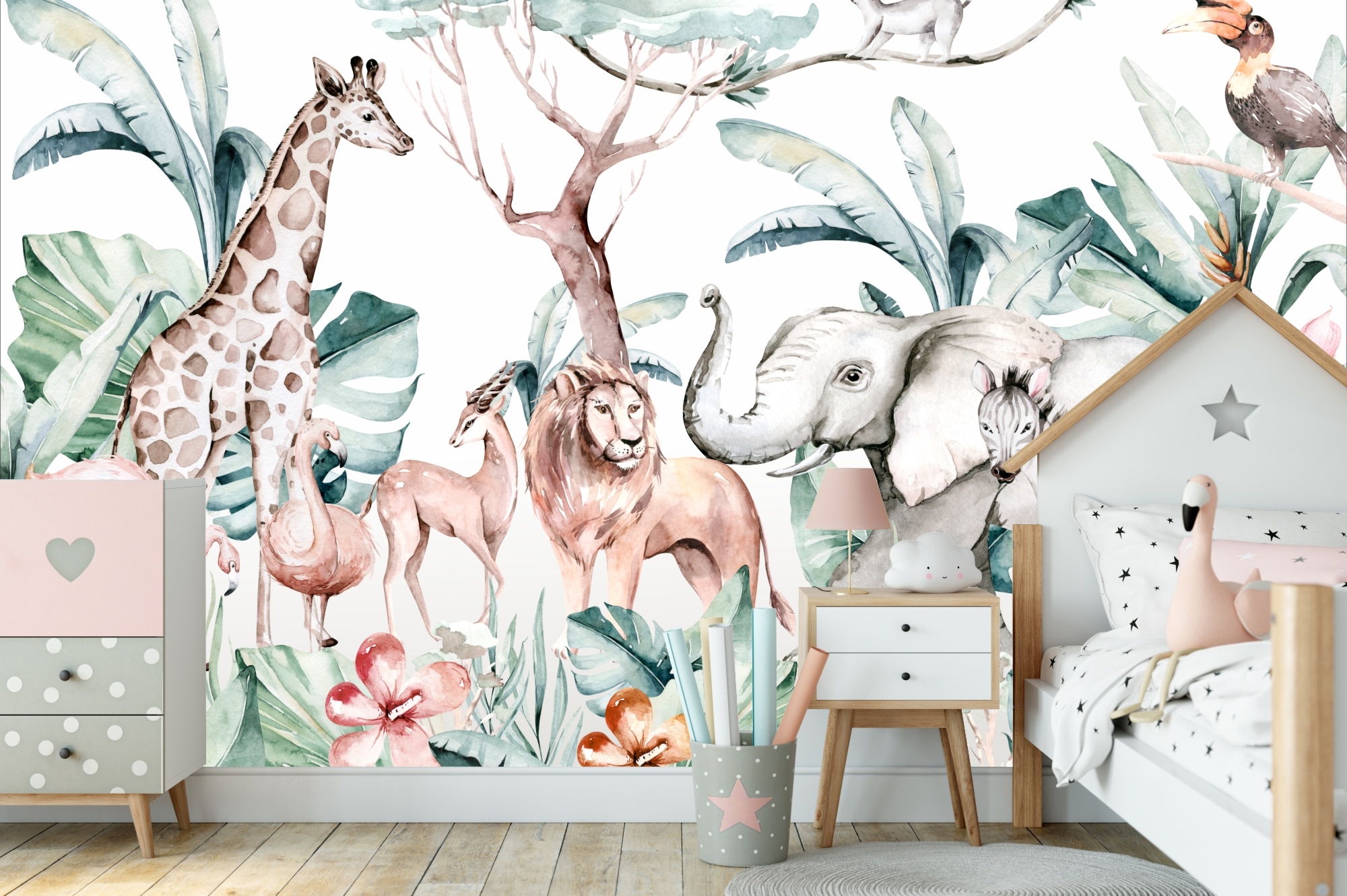 Fototapeta dla dzieci safari akwarela flamingi, lew, zebra M021