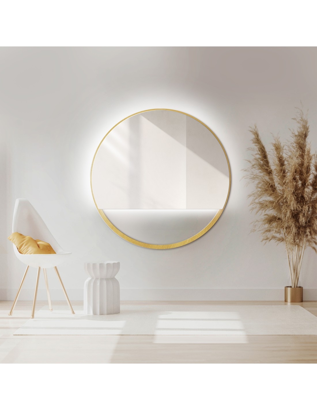 Lustro okrągłe w ramie złotej MDF SLIM z wolną przestrzenią – OLENA LED