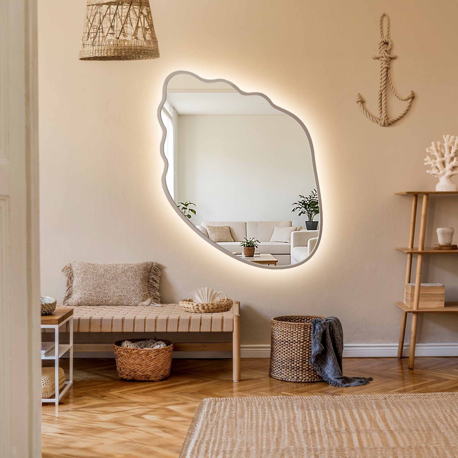Lustro o organicznym kształcie w kaszmirowej ramie mdf z podświetleniem – MARIS SHELL LED W RAMIE