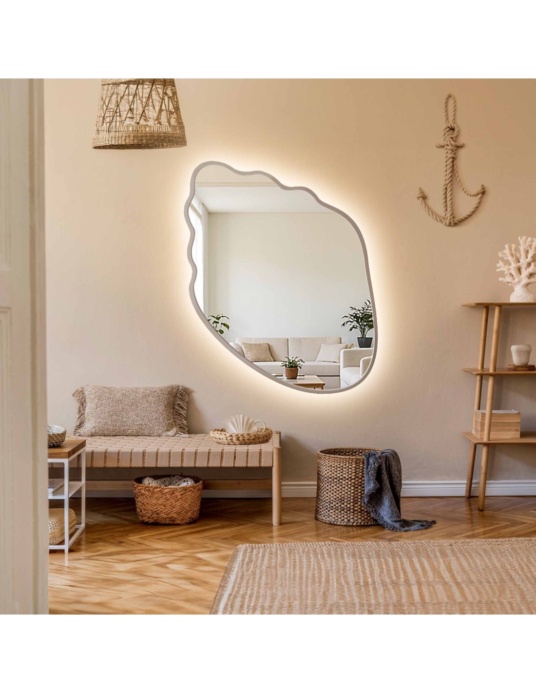 Lustro o organicznym kształcie w kaszmirowej ramie mdf z podświetleniem – MARIS SHELL LED W RAMIE