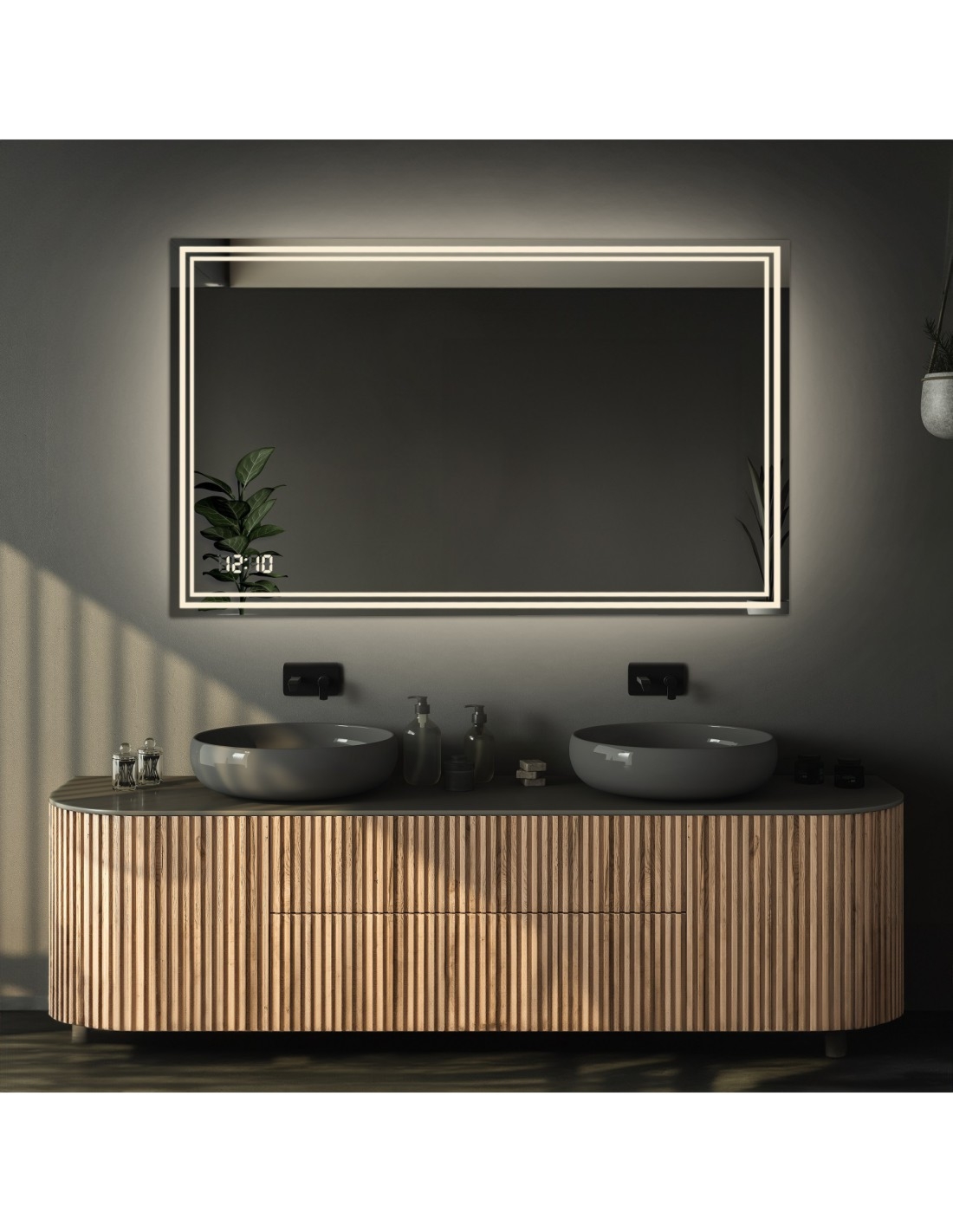 Łazienkowe lustro prostokątne z zegarem cyfrowym – MIA LED PREMIUM
