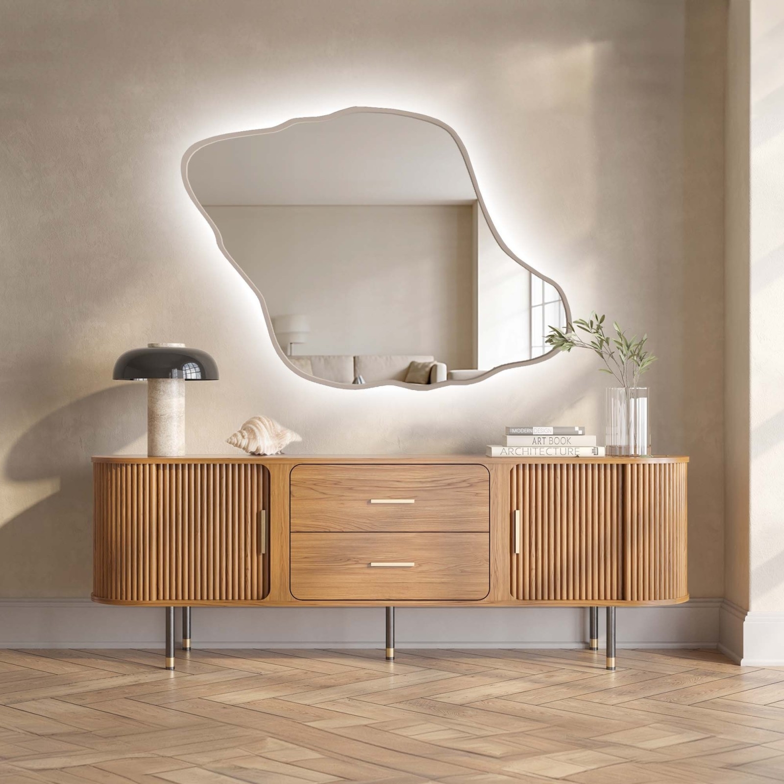Lustro o organicznym kształcie w kaszmirowej ramie mdf z podświetleniem – MARIS DUNE LED W RAMIE