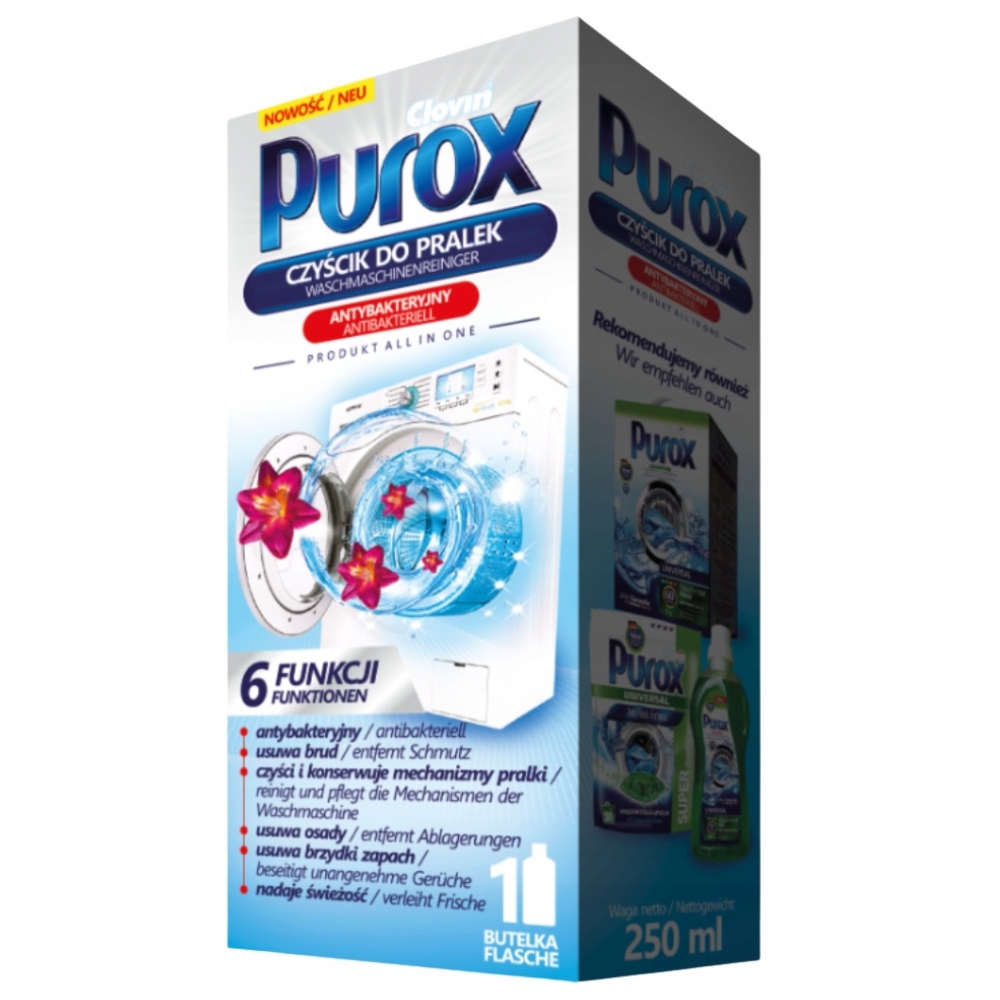 Purox Czyścik Do Pralek Antybakteryjny Usuwa Brud z Pralki Konserwuje 250ml