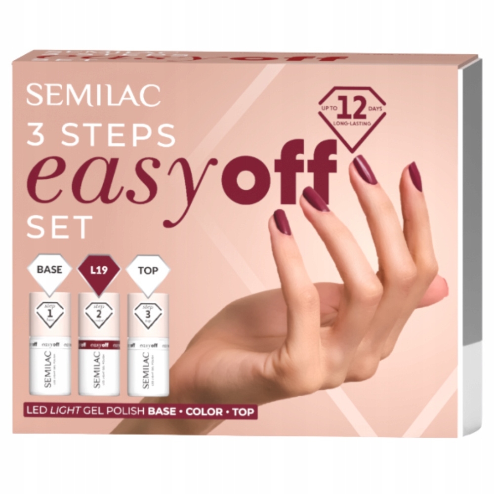 Semilac 3Steps Easy Off Set Zestaw Do Paznokci Hybrydowych Baza Top Lakier