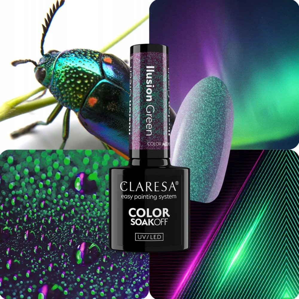 Claresa Lakier Hybrydowy Ilusion Green Efekt Kameleona Żuczek Brokat 5g