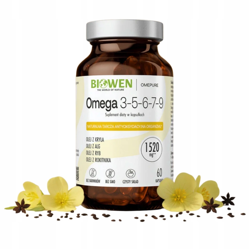 Biowen Omega 3-5-6-7-9 DHA Olej Rybi Mikroalgi Granat Witamina E 60 Kaps