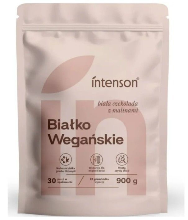 Intenson Białko Wegańskie Biała Czekolada z Malinami Mięśnie Kości 900g