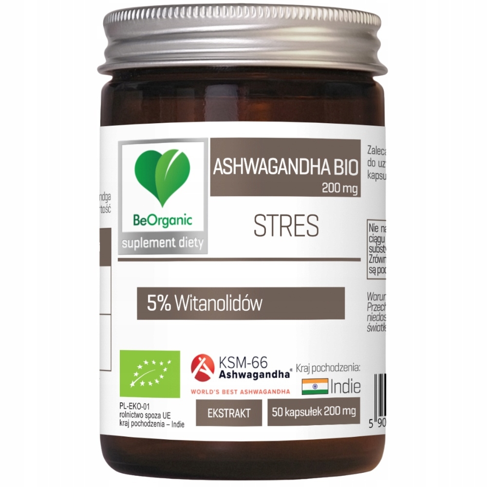 BeOrganic Ashwagandha KSM 66 Bio 200mg Wsparcie Odporności Na Stres 50 Kaps