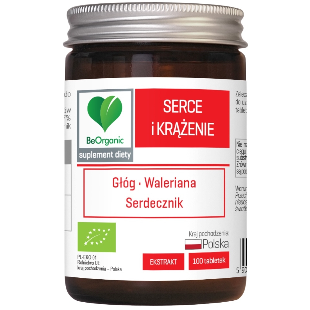BeOrganic Serce i Krążenie Głóg Waleriana Serdecznik Suplement 100 Tabletek