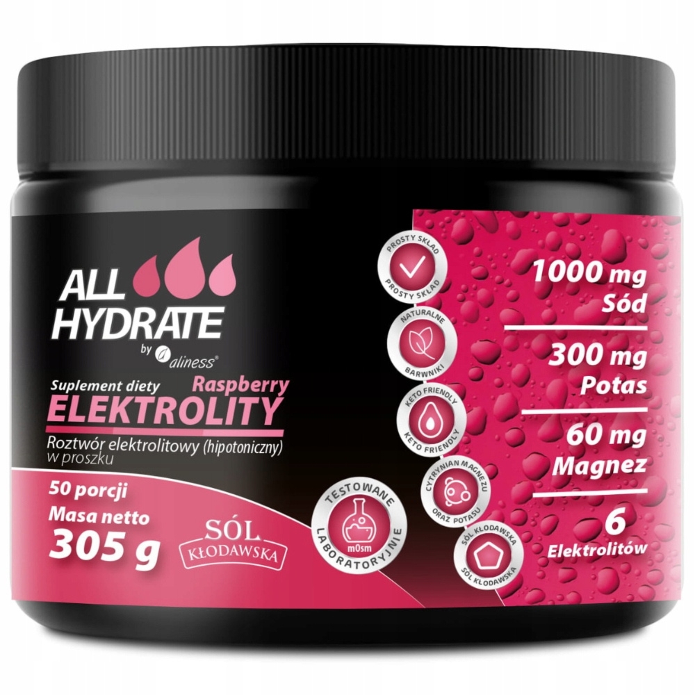 Aliness AllHydrate Elektrolity Sól Kłodawska Malina Suplement Diety 305g