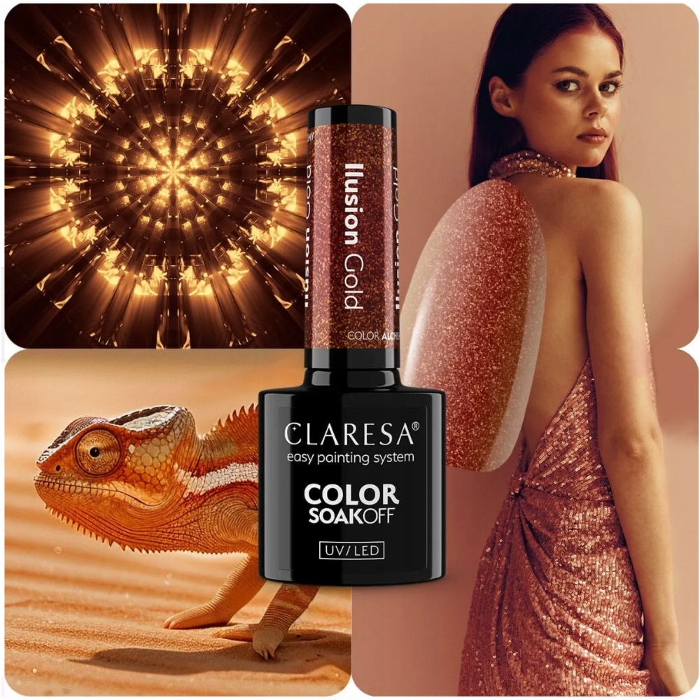 Claresa Lakier Hybrydowy Ilusion Gold Złoty Efekt Kameleona Brokat 5g