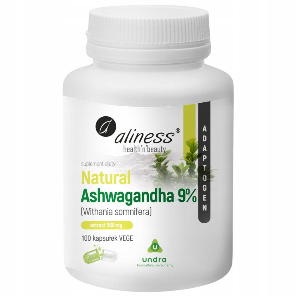 Aliness Natural Ashwagandha 9% 555mg Suplement Odporność Na Stres 100 Caps