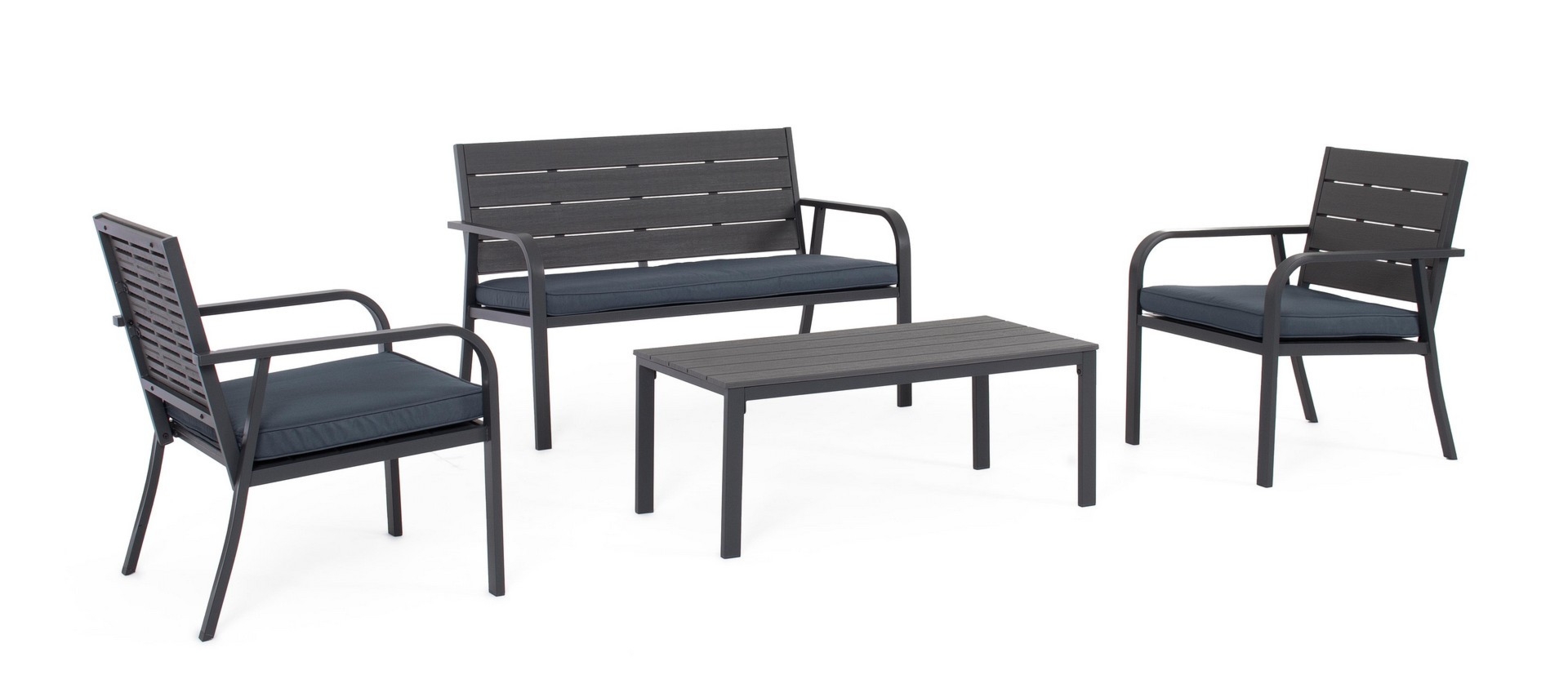 Zestaw sofa 2 fotele i stolik SARITA antracytowy  stalowy z efektem drewna Bizzotto