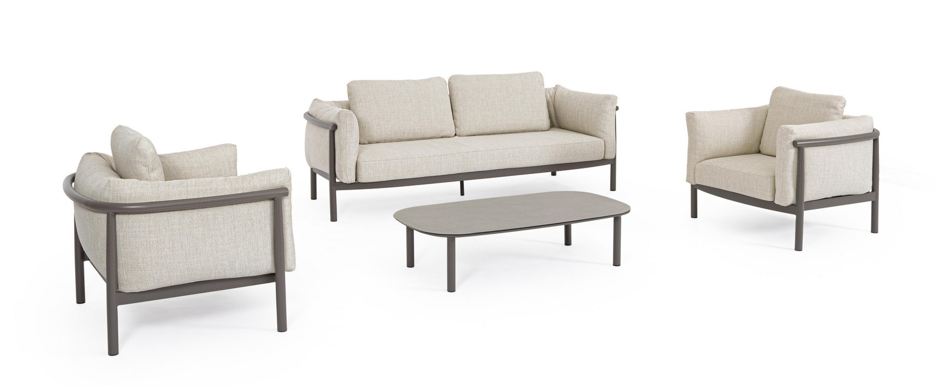 Zestaw sofa 2 fotele i stolik THEODORE beżowy aluminowych z poduszką olefinową Bizzotto