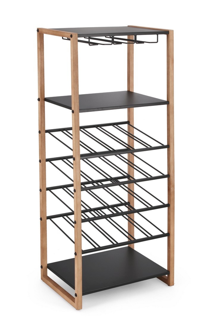 Półka na wino Isaac czarna 50x35x122cm stal i drewno rubberwood Bizzotto