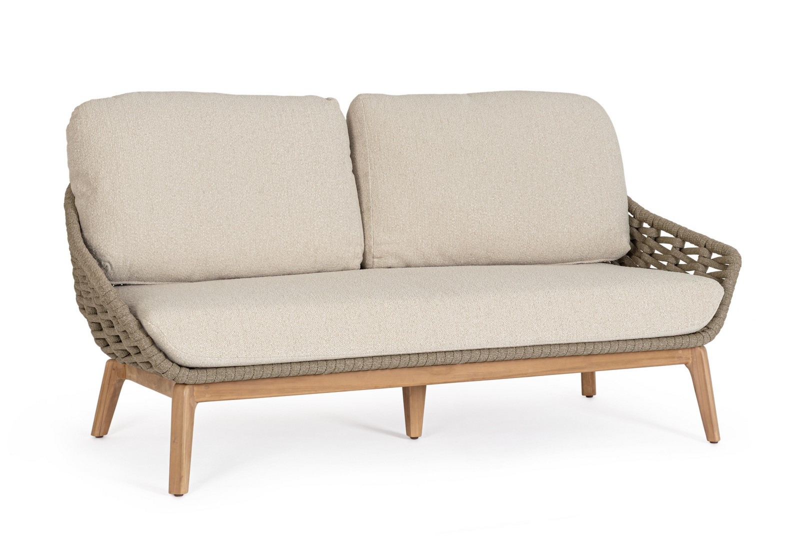 Sofa ogrodowa 2-3-os TAMIRES beżowa 168x88 z drewna teak poduszki z efektem bukli Bizzotto