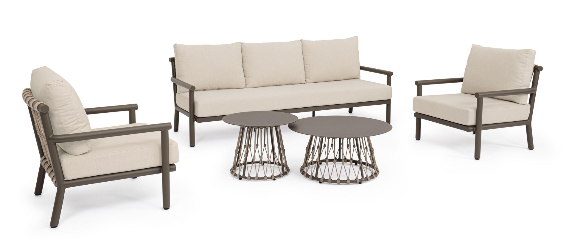 Zestaw sofa 2 fotele i stolik LANAI kakaowy aluminowych z poduszką olefinową Bizzotto