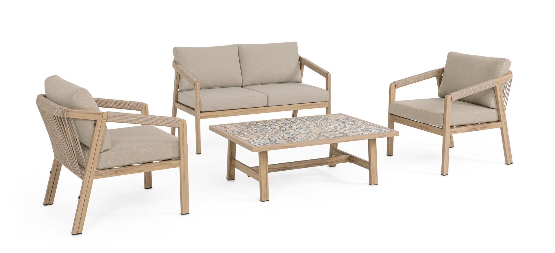 Zestaw sofa stolik 2 fotele KALIMERA aluminiowe z efektem drewna Bizzotto