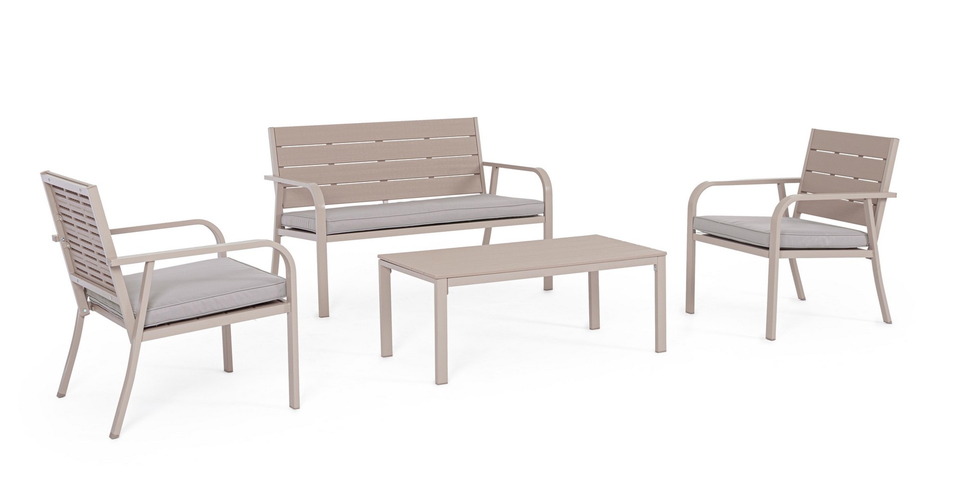 Zestaw sofa 2 fotele i stolik SARITA taupe  stalowy z efektem drewna Bizzotto