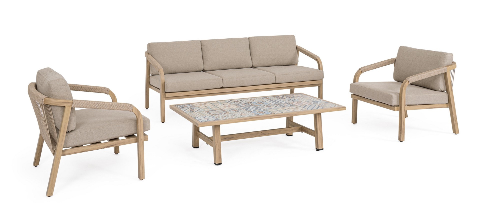 Zestaw sofa 2 fotele i stolik KALIMERA aluminiowe z efektem drewna Bizzotto