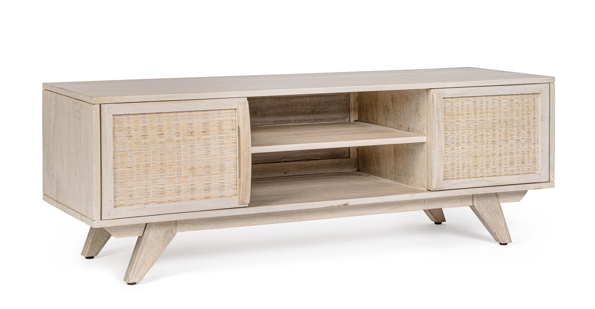 Szafka RTV Sahana biały przecierany 128x40x45cm mango, MDF i rattan Bizzotto