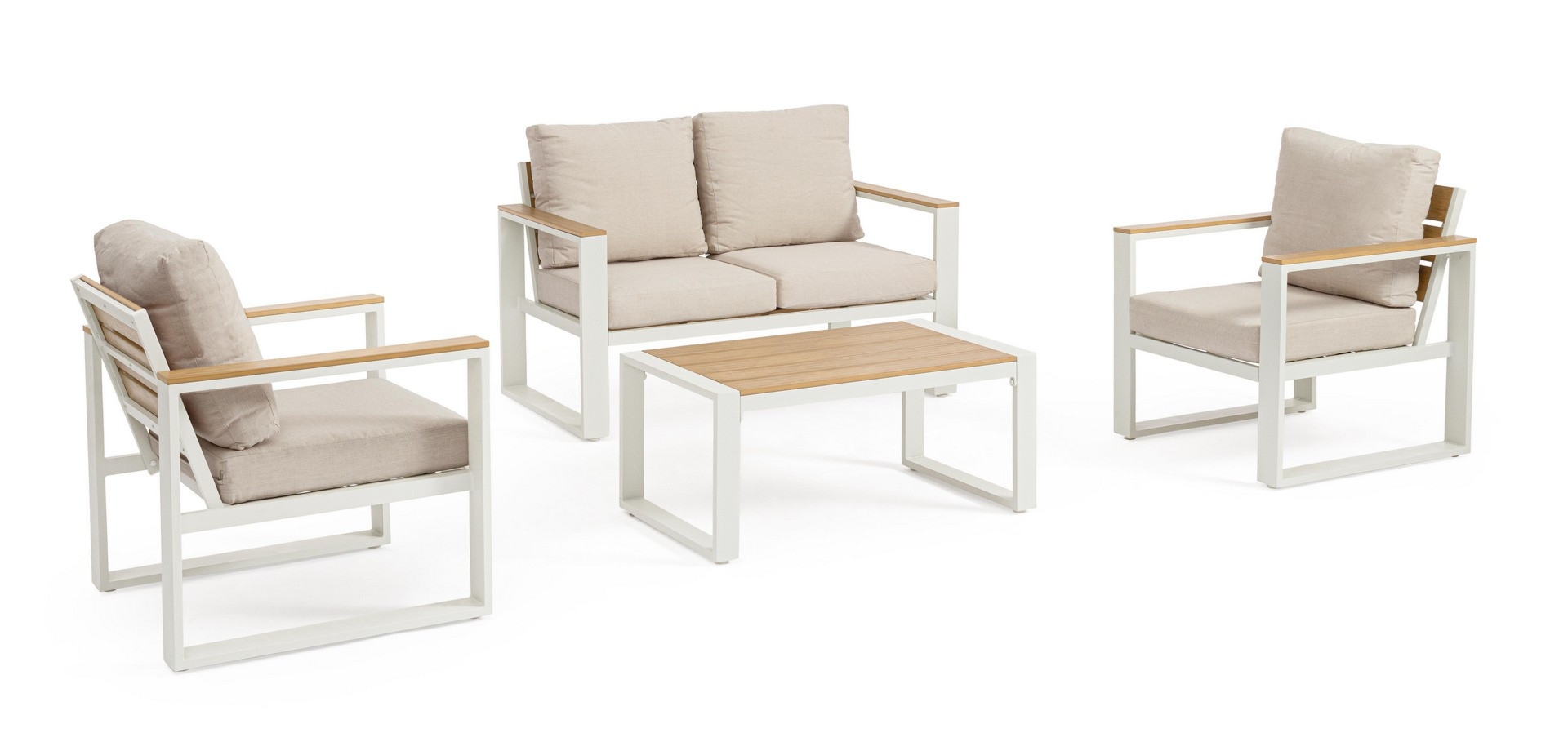 Zestaw sofa 2 fotele i stolik LEANDRO biały aluminiowy Bizzotto
