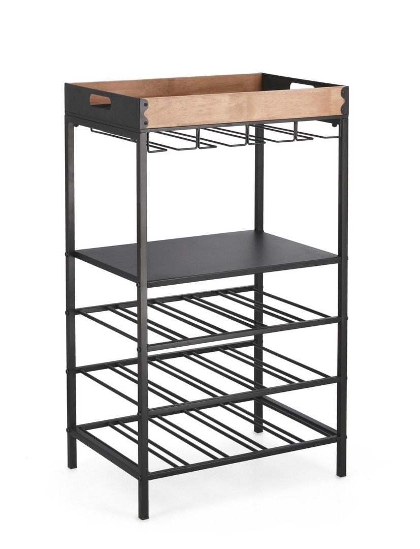 Półka na wino Isaac czarny 48,5x34x84,5cm stal i drewno kauczukowe Bizzotto