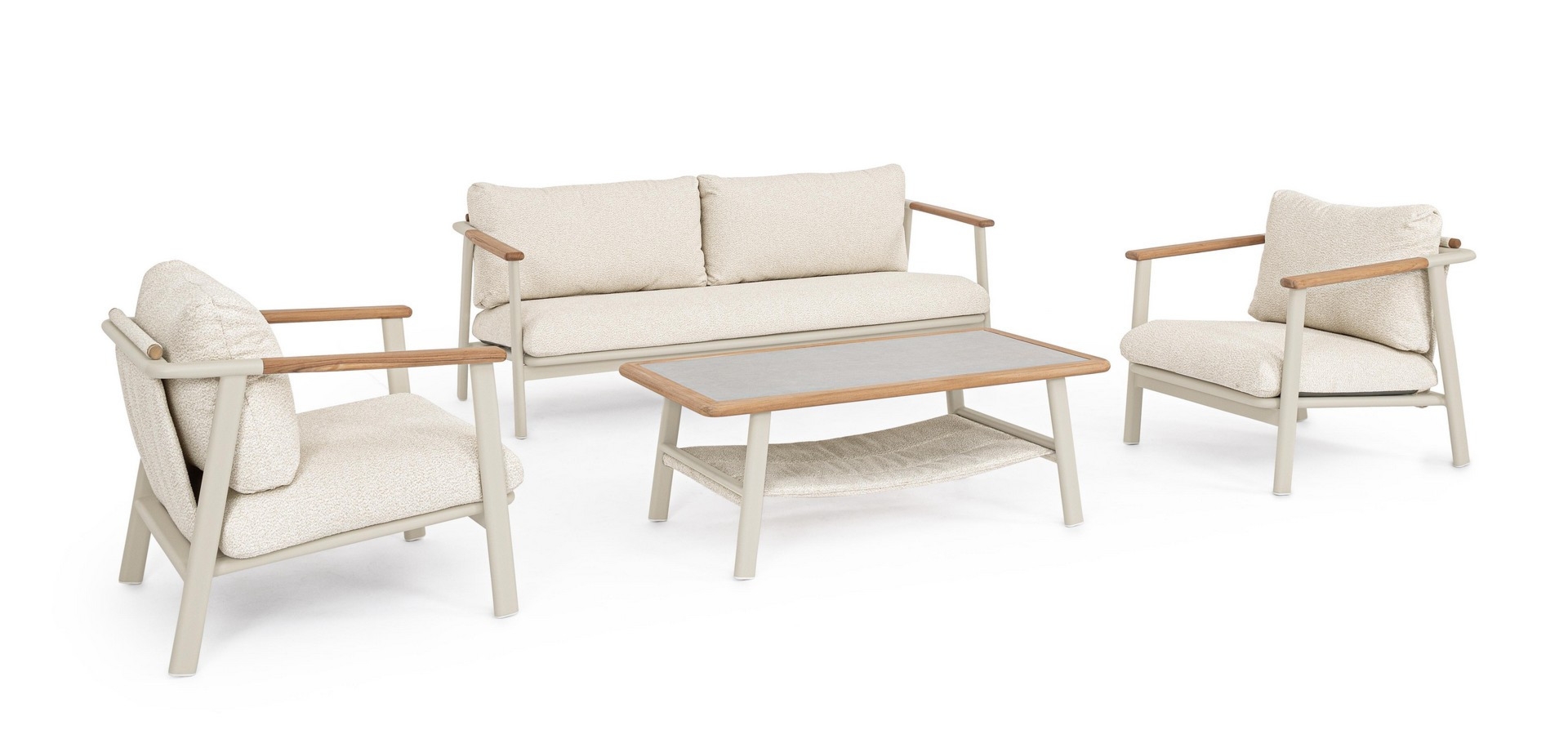 Zestaw sofa 2 fotele i stolik LEONIDA beżowy aluminowych z poduszką olefinową Bizzotto