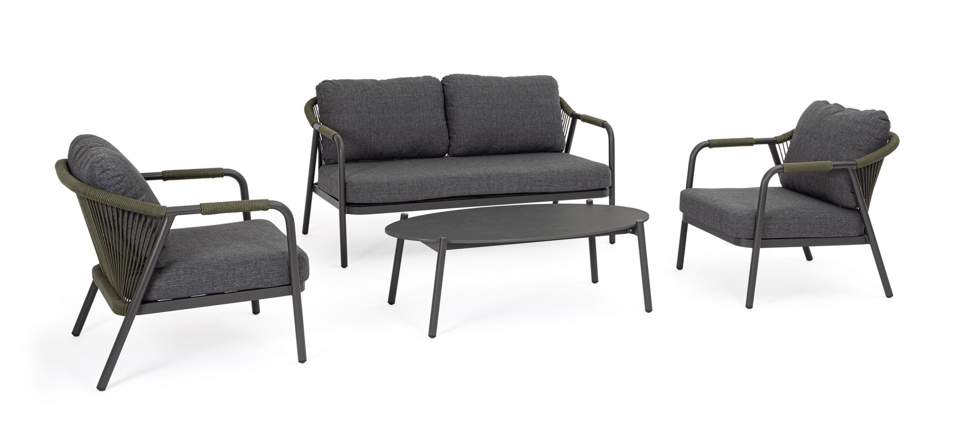 Zestaw sofa 2 fotele i stolik MIRAVET zielony  aluminowych z poduszką olefinową Bizzotto