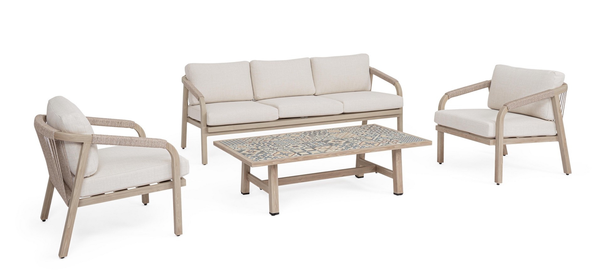 Zestaw sofa stolik 2 fotele KALIMERA aluminiowe z efektem drewna Bizzotto