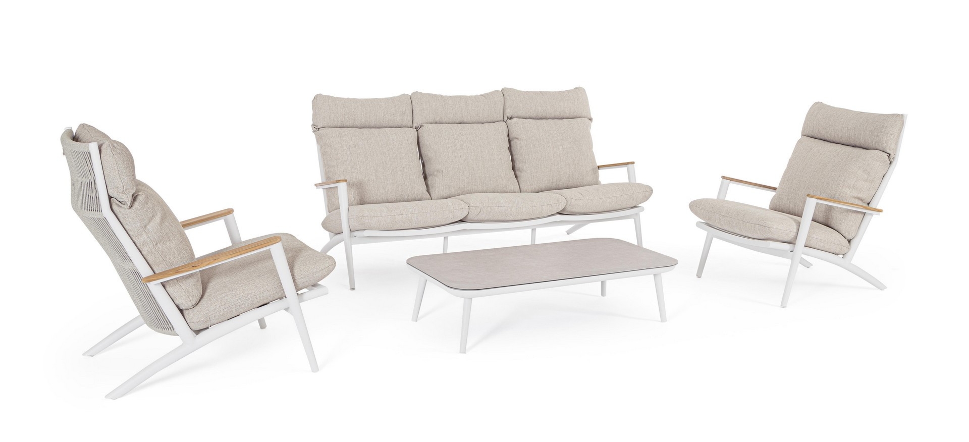 Zestaw sofa 2 fotele i stolik IBISCO biały aluminowych z poduszką olefinową Bizzotto