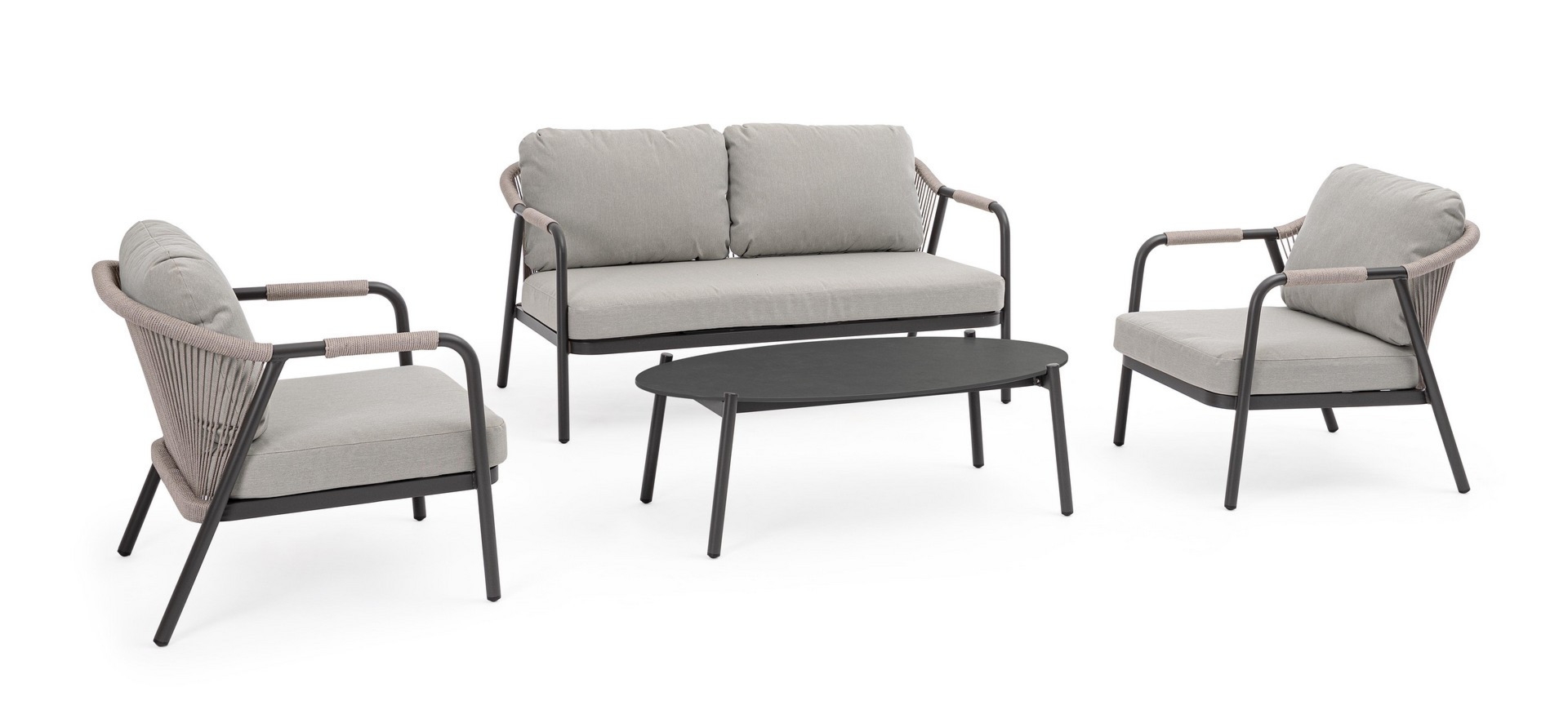 Zestaw sofa 2 fotele i stolik MIRAVET antracyt - beż aluminowych z poduszką olefinową Bizzotto