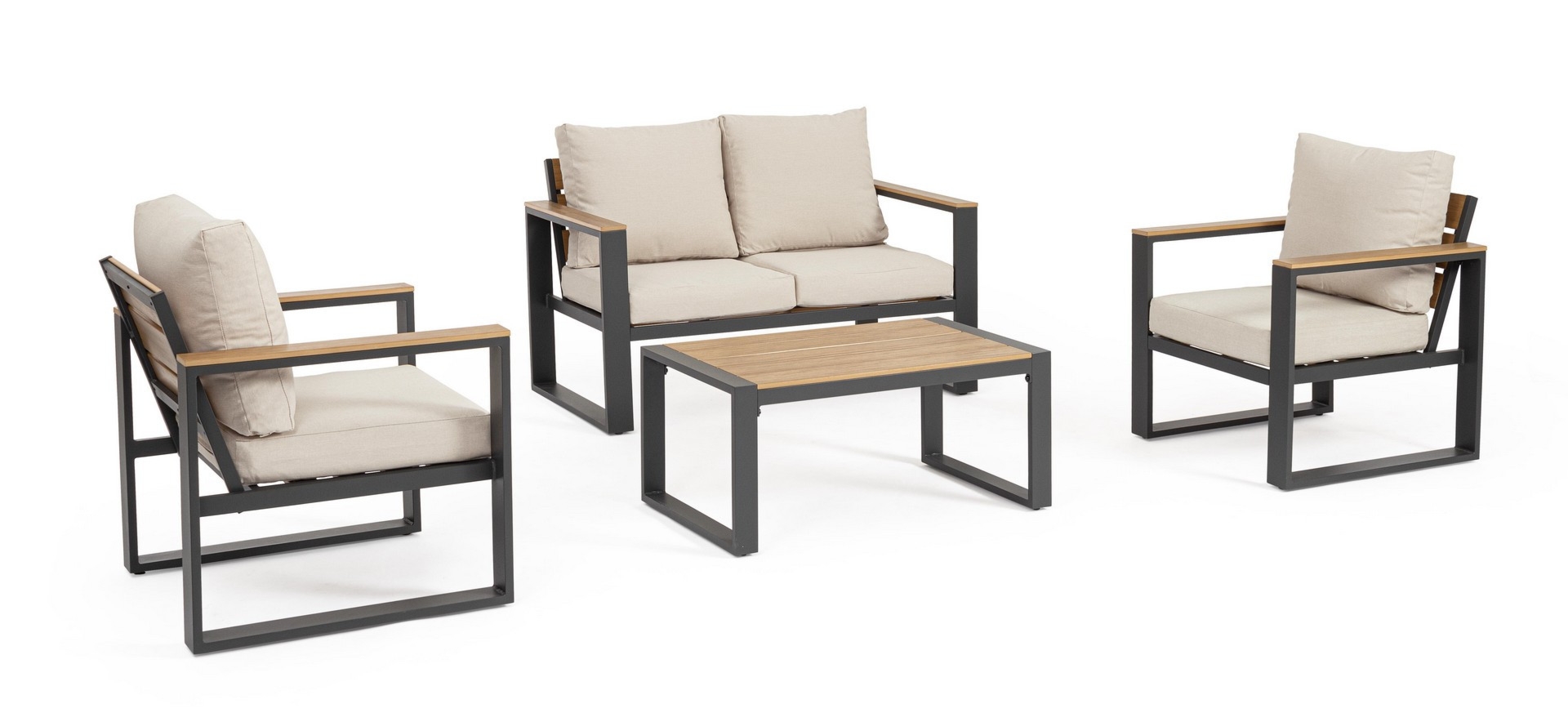 Zestaw sofa 2 fotele i stolik LEANDRO antracyt/beż aluminiowy Bizzotto