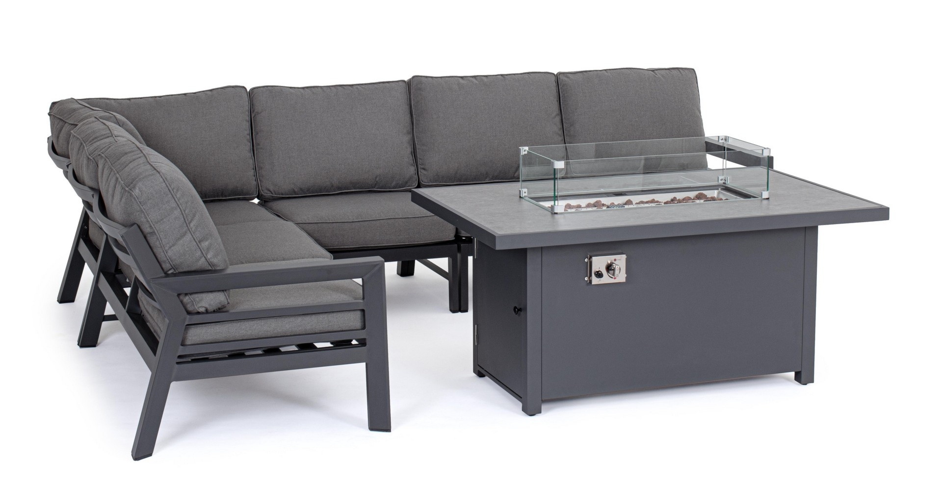 Narożnik ogrodowy ze stolikiem i paleniskiem HENDRIX antracytowy aluminiowy Bizzotto
