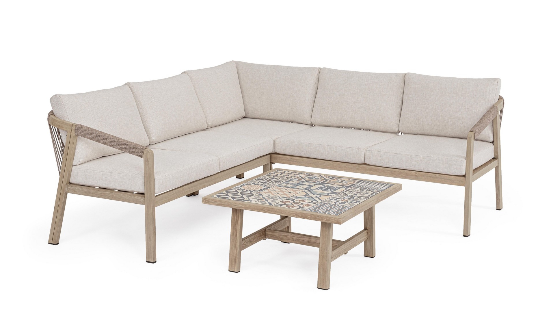 Narożnik ogrodowy ze stolikiem KALIMERA   aluminiowe z efektem drewna Bizzotto