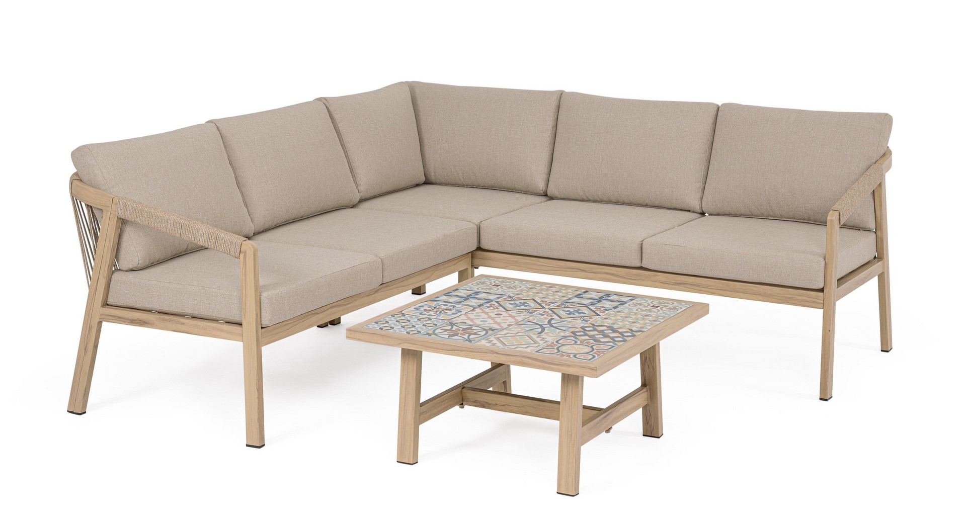 Narożnik ogrodowy ze stolikiem KALIMERA aluminiowe z efektem drewna Bizzotto