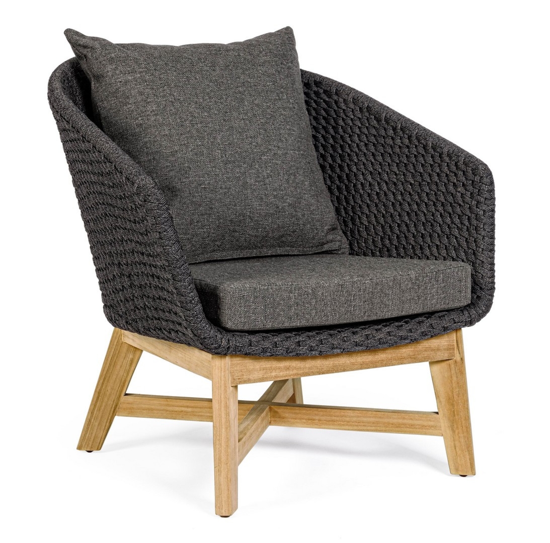 Fotel ogrodowy COACHELLA antracytowy 76x78 z drewna teak z liną olefinową Bizzotto