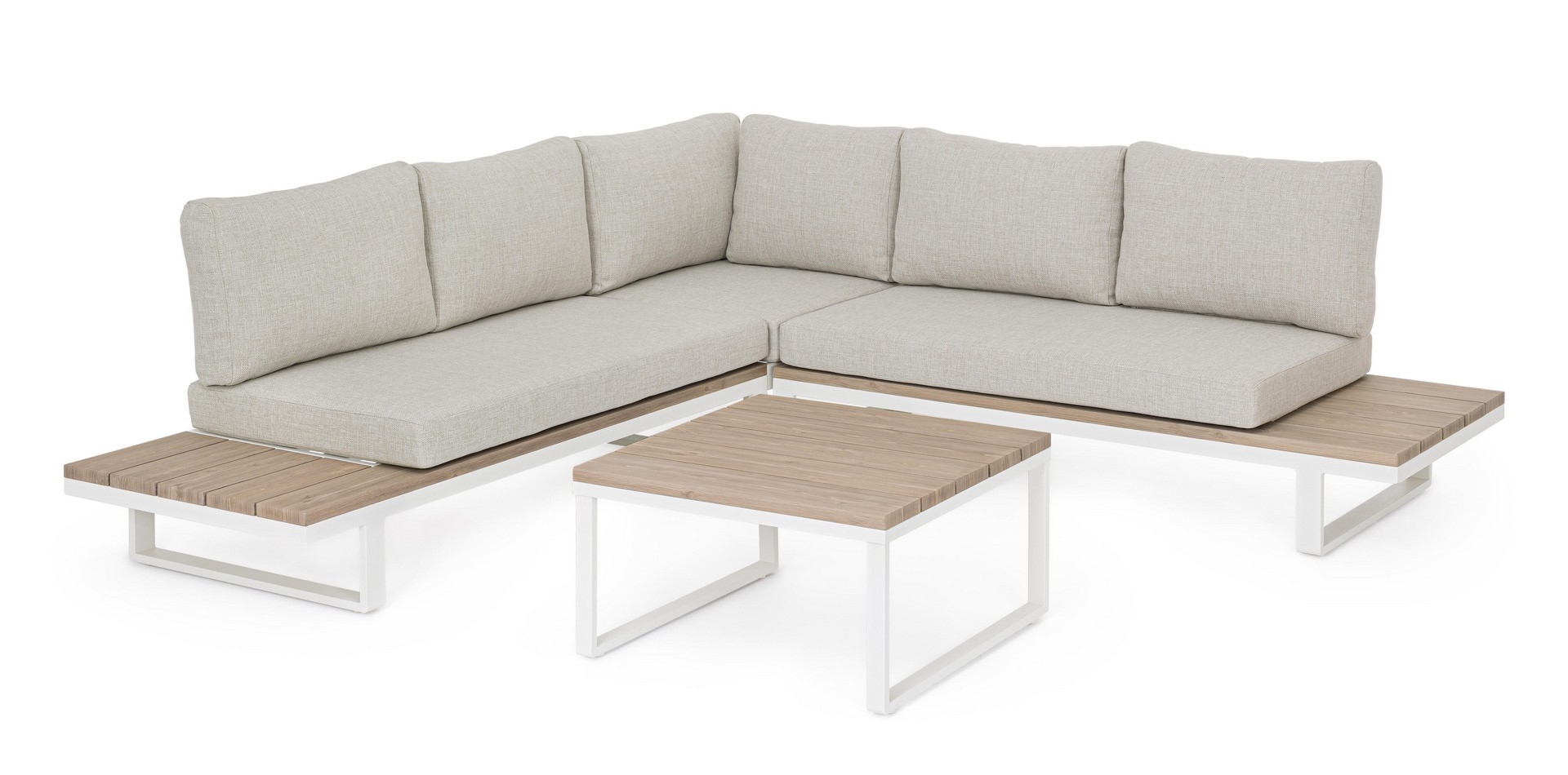 Narożnik ogrodowy ze stolikiem ZELMAR biały aluminiowe z efektem drewna Bizzotto