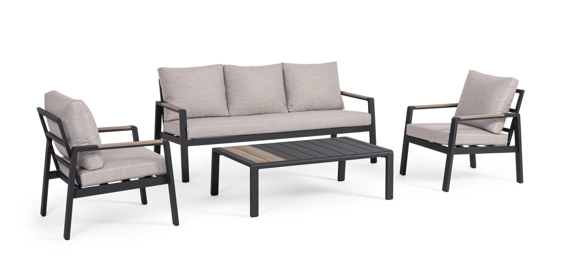 Zestaw sofa 2 fotele i stolik ELNA antracyt/beż aluminiowy Bizzotto