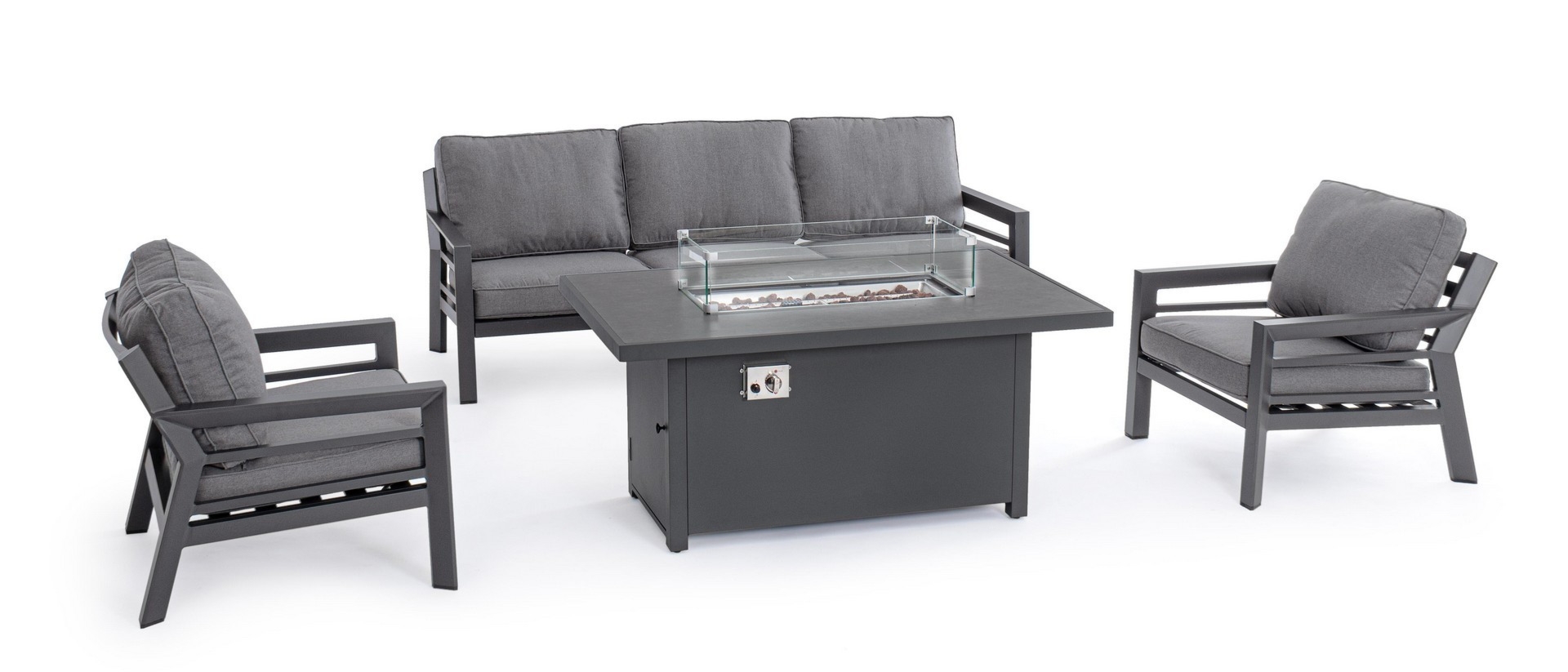Zestaw sofa 2 fotele i stolik z paleniskiem HENDRIX antracytowy aluminiowy Bizzotto