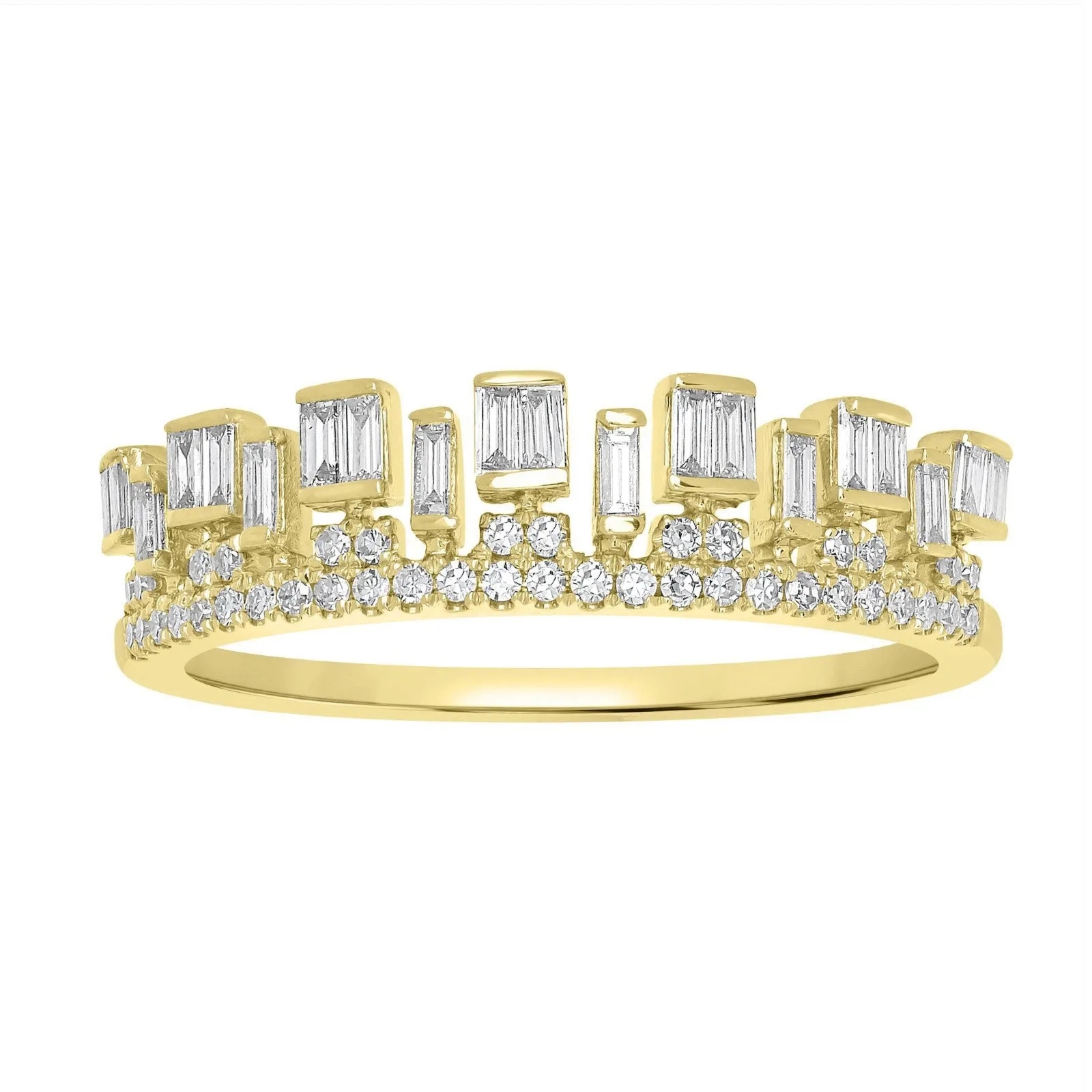 Pierścionek Korona z Diamentami Baguette i Okrągłymi Laboratoryjnymi 585 Żółte Złoto