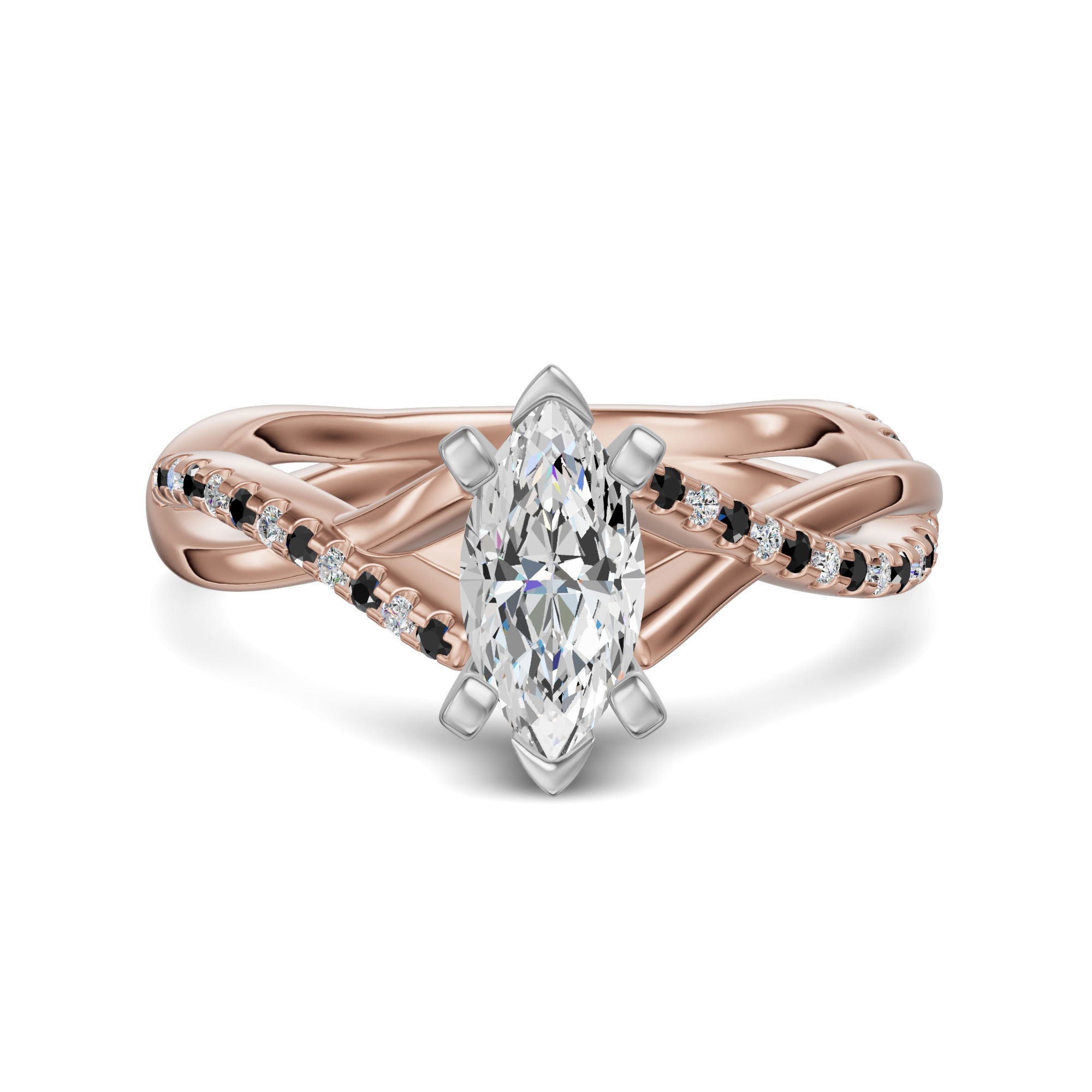 Twisted Accented Markizowy 3.00 ct Pierścionek Zaręczynowy - Midnight - Diament Naturalny 585 Różowe Złoto