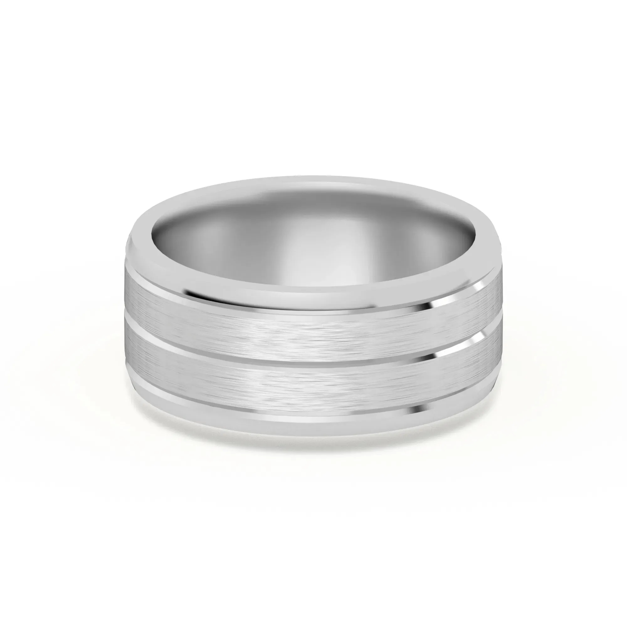 Klasyczna Beveled Comfort Fit Satenowa Męska Obrączka Ślubna 585 Białe Złoto (14K) 8 MM