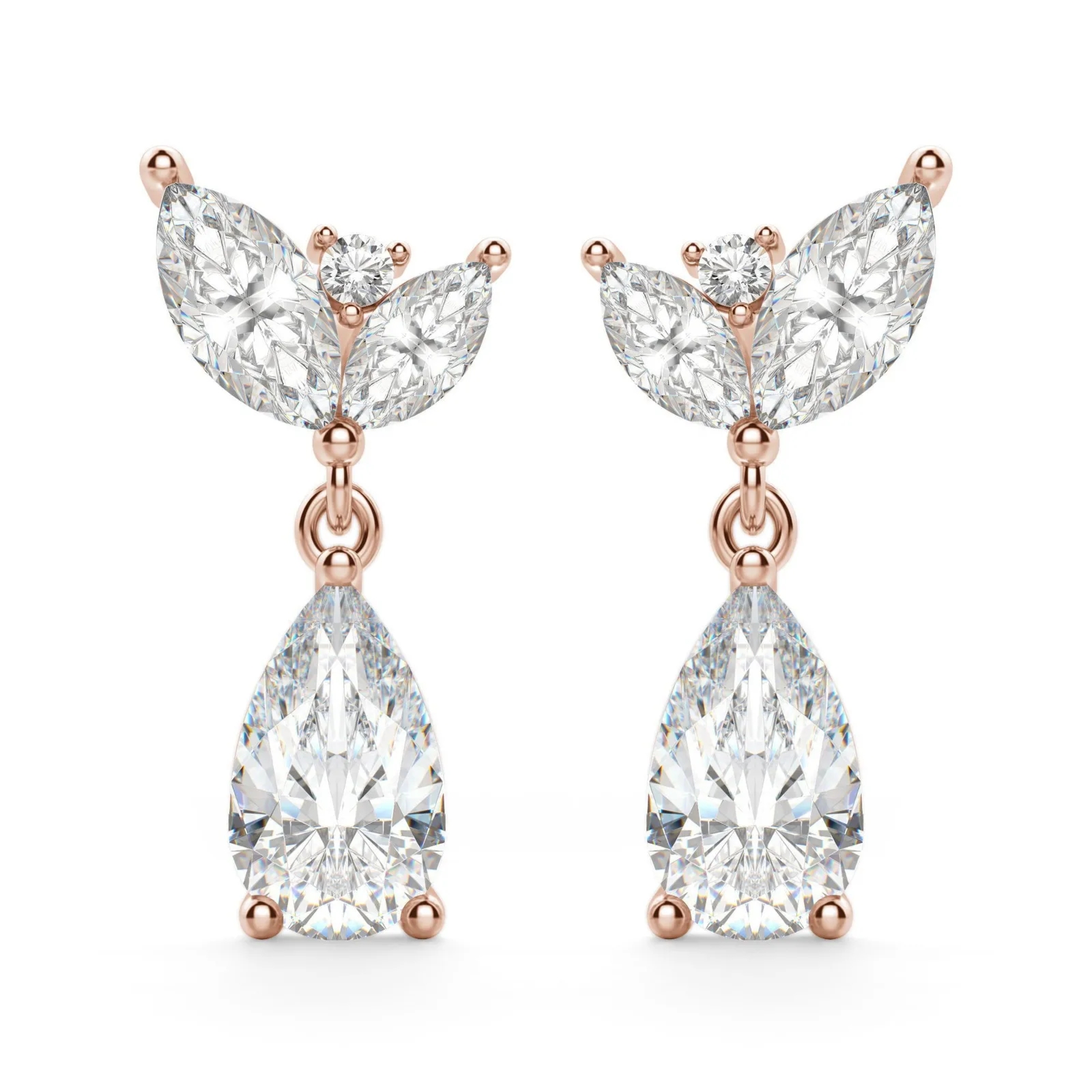 Camellia Gruszkowe Kolczyki Wiszące 14K Różowe Złoto Laboratoryjny diamant