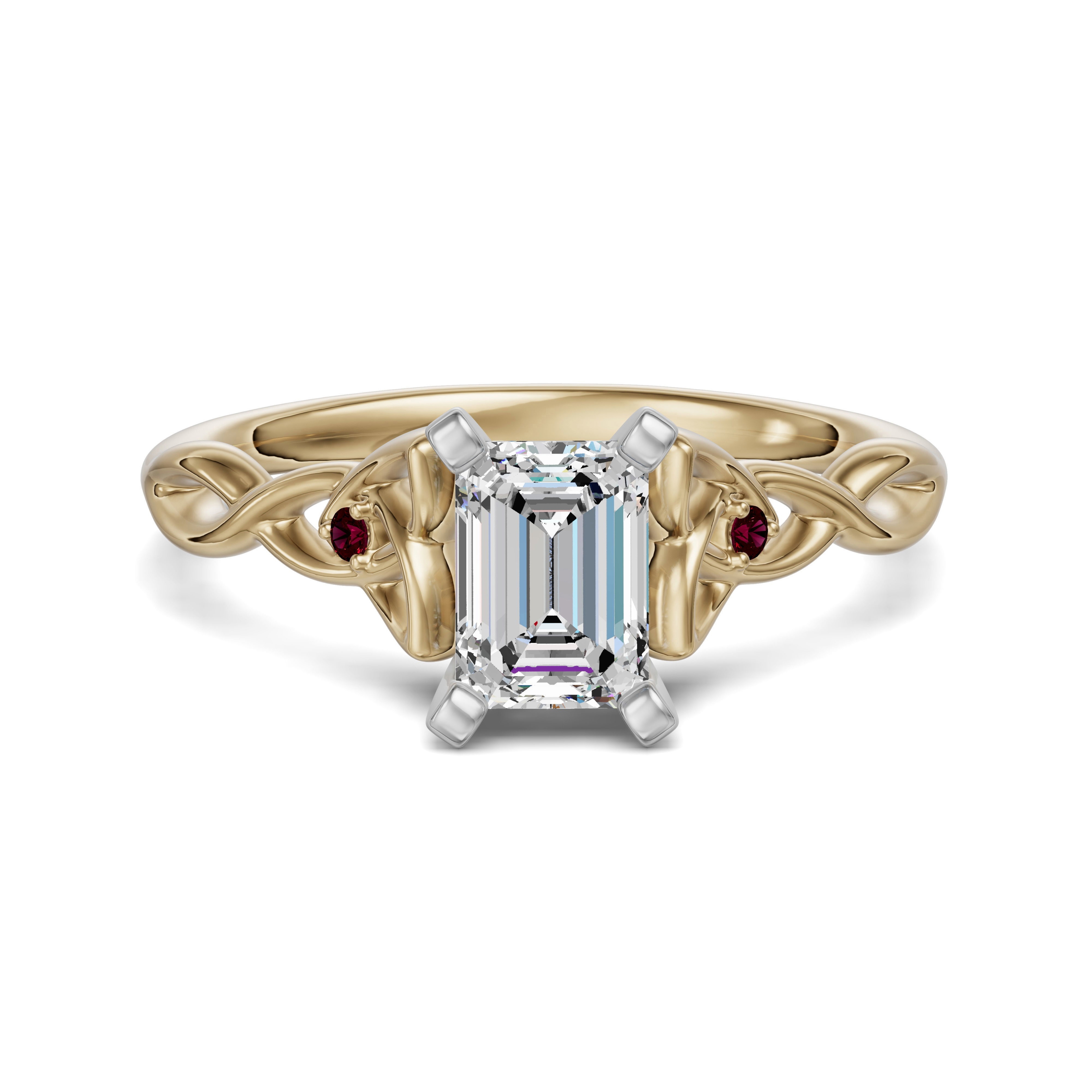 Celtic Knot Szmaragdowy 0.75 ct Pierścionek Zaręczynowy - Rubin - Diament Naturalny 585 Żółte Złoto