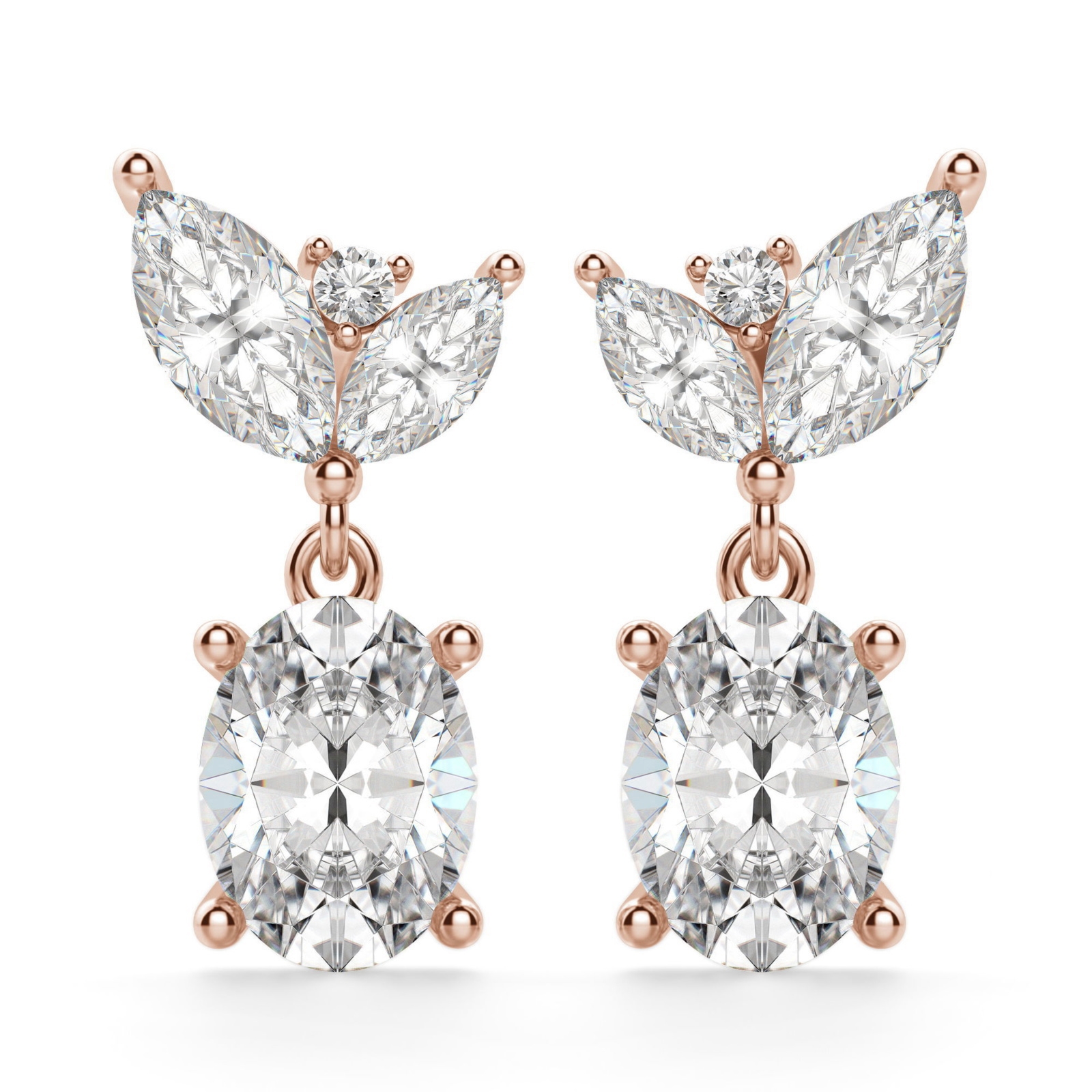 Camellia Owalne Kolczyki Wiszące 14K Różowe Złoto Laboratoryjny diamant